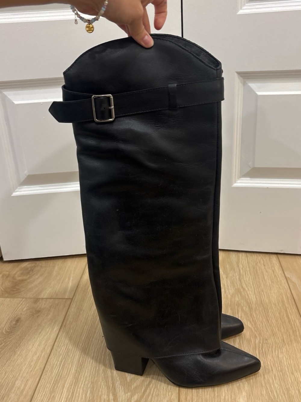 Anthropologie Black Over-the-Knee Leather Boots with Buckle